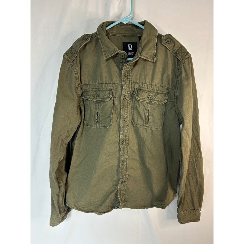 Brandit Mens Olive Green Military Style Button Down Shirt Epaulettes Size M